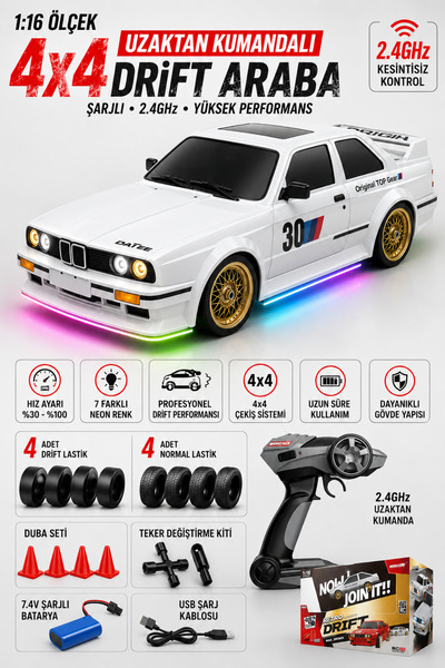 welcomein Oyuncak Şarjlı 30 Km Hız Yapan Hız Ayarlı 4x4 BMW e30 2.4 Ghz Uzakt...