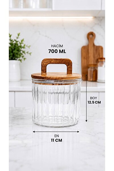 Maloria 700ml Acacia Lid Striped Round Glass Storage Container |   1 Piece