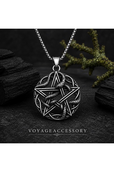 voyageaccessory Paslanmaz Çelik Gotik Tarz Yılan Detaylı Pentagram Yıldızı Kolye