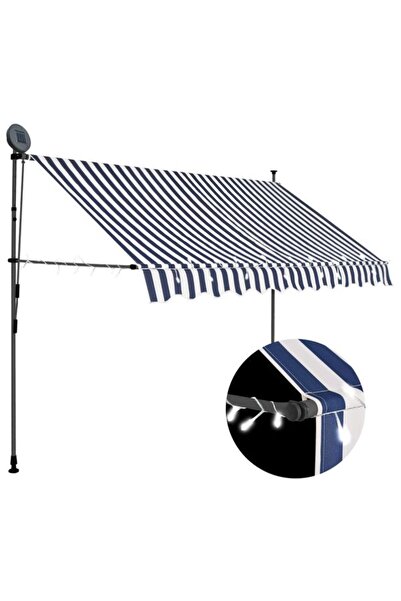 vidaxl Copertină retractabilă manuală cu LED, albastru și alb, 300 cm