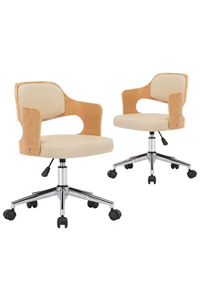 vidaxl Scaune pivotante de masă, 2 buc., crem, lemn curbat & piele