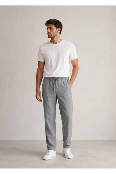 önerS Men's Linen Alt Raw Fabric 100% Cotton Elastic Waist Pants