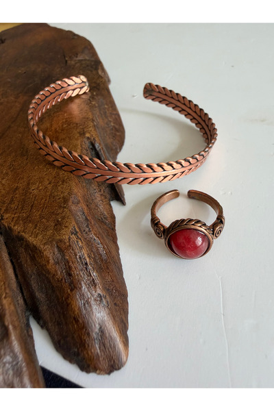 Rupen Kraft Natural agate stone 100% pure copper bracelet ring combo adjustab...