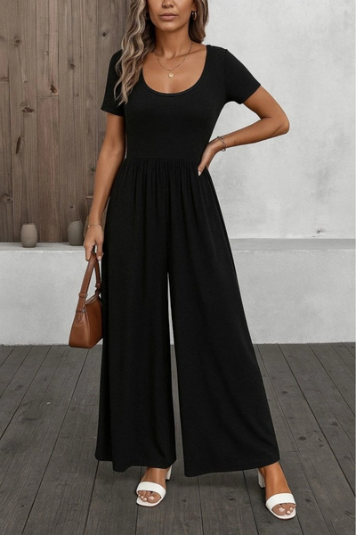 Butik Women's Short Sleeve Round Neck Wide Leg Wrap Jumpsuit