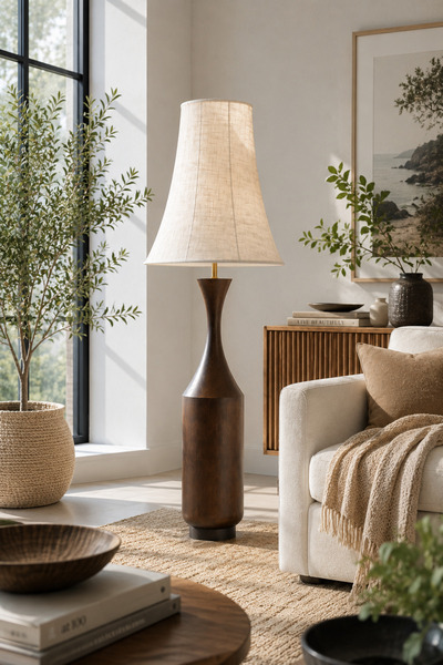 Vinner Luxury Aveline 140 Tasarım Lambader – Doğal Ahşap Gövde & Keten Şapka