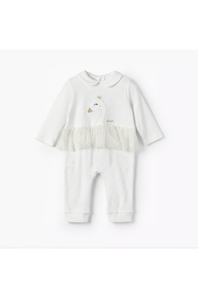 giggles Cotton Peter Pan Collar Long Sleeves Sleepsuit with Swan Embroidery