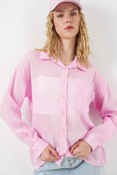 Merterium Women's Single Pocket Striped Oversize Shirt 1505 - Pink