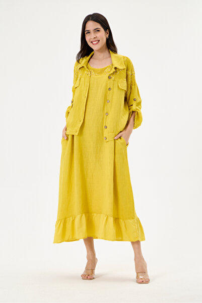 della moor Mustard Italian 100% Linen Shoulder and Collar Mesh Detailed Jacke...