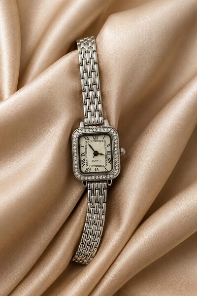 İnogge Chiros Women's Silver Steel Watch Square Case Stone Detailed White Dia...