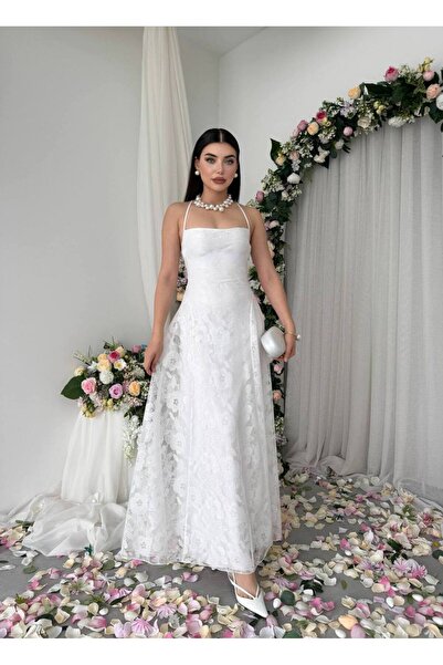 YURELİ Askılı Çiçek Dokulu Dantel Uzun Elbise