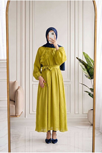 MİHRA STORE Teresa Ruffled Front Balloon Sleeve Voile Dress-Ek639 Oil Green
