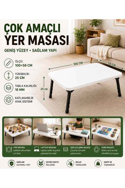 Genel Markalar Katlanabilir Ayaklı Çok Amaçlı Yer Masası 100x58 cm Beyaz Yer ...