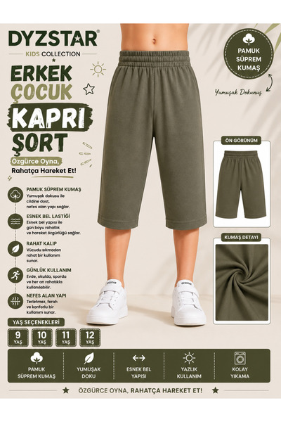 DYZSTAR Erkek Çocuk Pamuk Süprem Kapri Şort Haki 9-10-11-12 Yaş