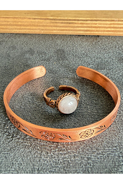 Rupen Kraft Handcrafted copper bracelet and natural stone ring set, adjustabl...