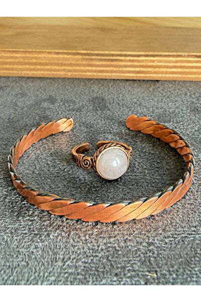 Rupen Kraft Handcrafted copper bracelet and natural stone ring set, adjustabl...
