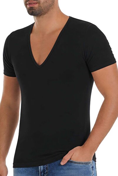 YILDIZ Lycra Deep V-Neck Men's T-Shirt Black