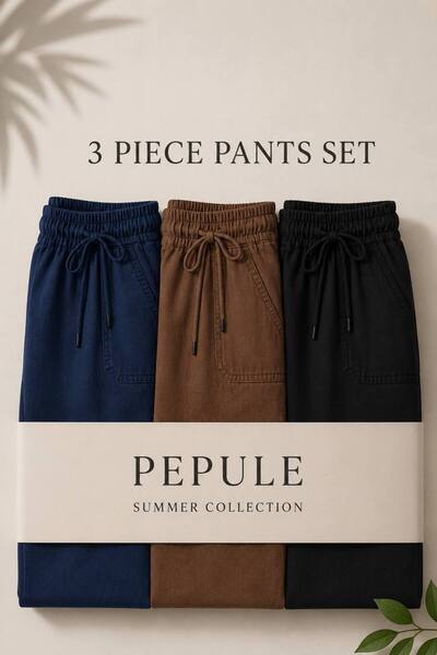 oneoff 3'lü set Erkek Premium Yazlık Ham düğmeli Keten Pantolon