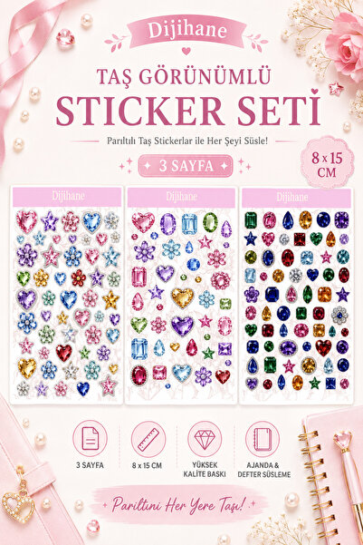 dijihane Renkli Taş Sticker Seti | 3 Sayfa | 8x15 cm | Mücevher ve Kristal Te...