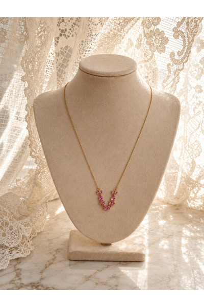 BARLİZ Women's Pink Zircon Stone Elegant and Stylish Women's Necklace
