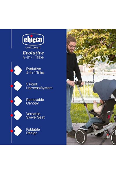 Chicco Tricicleta Evolutiva 4 in 1 cu copertina si maner, Albastra, 6 luni+