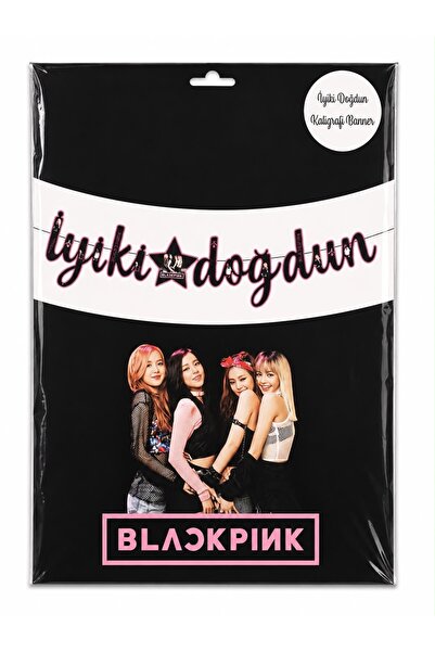 BG Black Pink Printed Black Happy Birthday Written Starry Calligraphy Banner