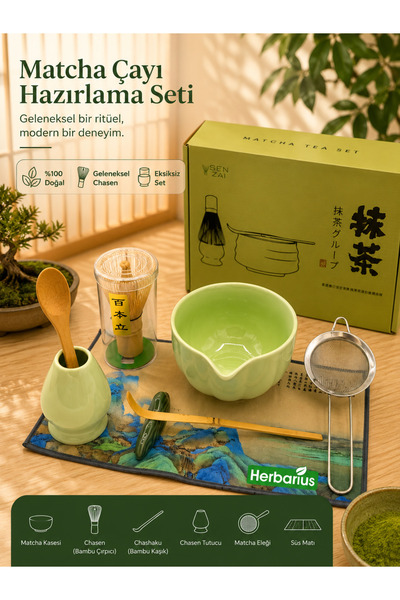Herbarius 6 Parça Yeşil Renk Matcha Çayı Hazırlama Seti - Geleneksel Japon Ma...