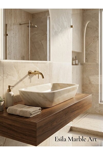 ESİLA MARBLE Doğal Mermer Tezgah Üstü Lavabo – El Yapımı Lüks Banyo Lavabosu