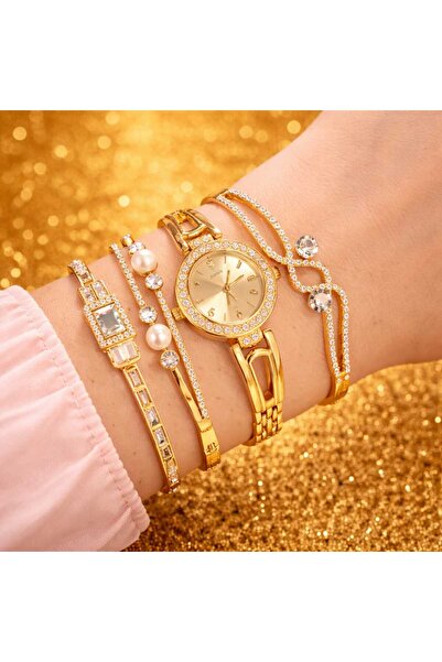 Zenno Luxury Gold Women Watch Set with Bracelet Stylish Fashion Combo