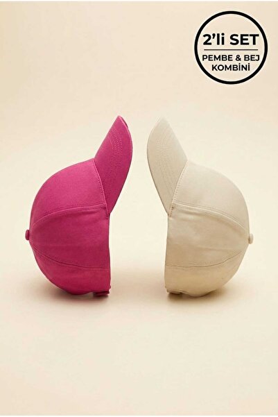 PORİENTO Pink - Beige Premium Quality Set of 2 Unisex Micro Fabric Hats - Adj...