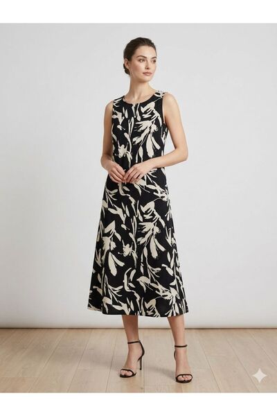 520CK Women's Plus Size Black Cream Floral Pattern Sleeveless Midi Dress