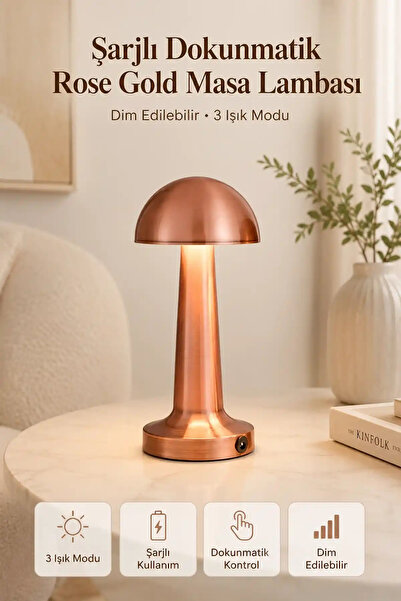 Berdina Home Rose Gold Şarjlı Dokunmatik Masa Lambası 3 Işık Modlu Dim Edileb...