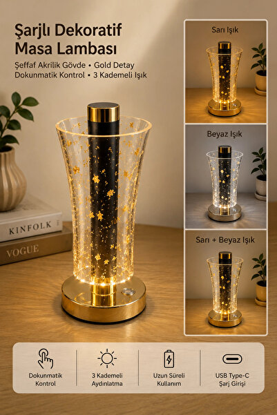 Tilbe Home Şeffaf Akrilik Gövdeli Gold Detaylı Şarjlı Dokunmatik LED Masa Lam...