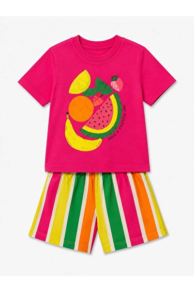 YİGİT BUTİK Girl's Fruit Printed Striped Shorts Summer Set