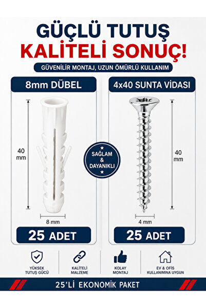 GenelTedarik 50Lİ VİDA DUBEL SETİ 4x40 8mm