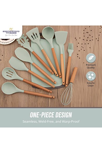 Generic 12PCS Kitchen Utensil Set Silicone Cooking Utensils Kit Spatula Heat Resistant Wooden Spoons Gadgets Tool for Non-Stick Cookware (Light Green)