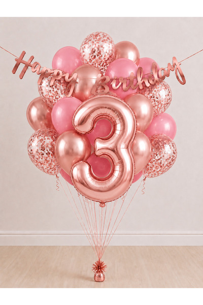 Balonsan -3- Age Rose Gold Happy Birthday Banner Themed Balloon Bundle 15 Pieces