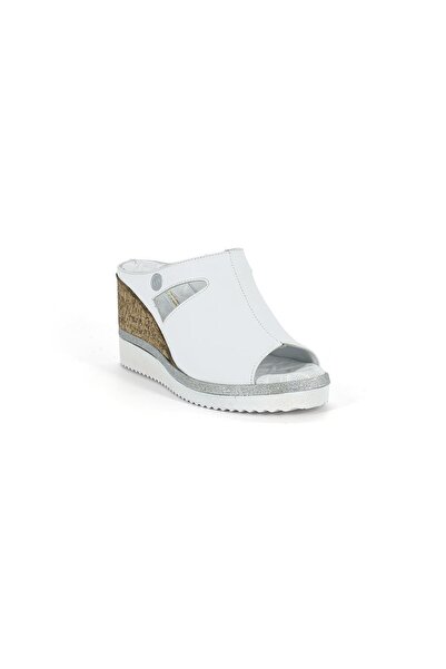 Mammamia D26Yt-1835 White Genuine Leather Full Orthopedic Women's Slippers