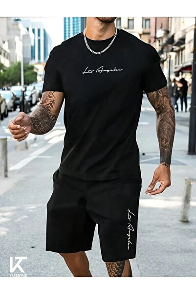 ONLY QUALİTY Unisex Black Balance Printed Tshirt Black Summer Tracksuit Set