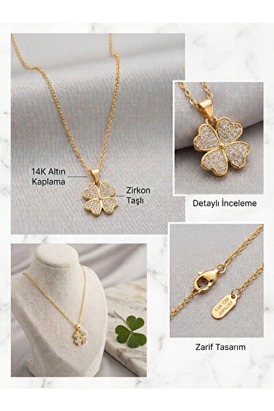 CM Jewelry Zirkon Taşlı Yonca Kolye - 14K Gold Kaplama Zarif Tasarım