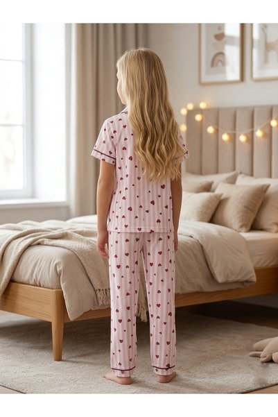 Enie Girl's Cotton Heart Patterned Striped Summer Pajama Set with Eye Patch