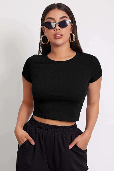 kapsulavm Women's Black Round Neck Half Sleeve Crop Top Blouse