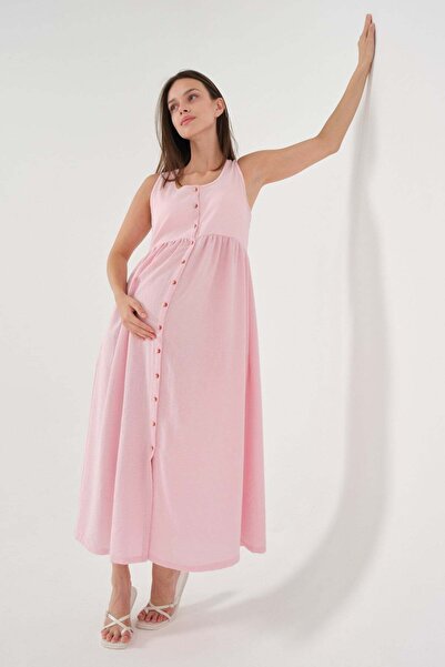 BUSA Maternity Zero Sleeve Side Pocket Midi Length Linen Dress Pink