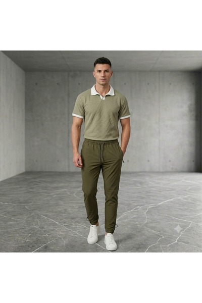 Baycombine35 Polo Collar Honeycomb Patterned T-Shirt and Comfortable Fit Lace...