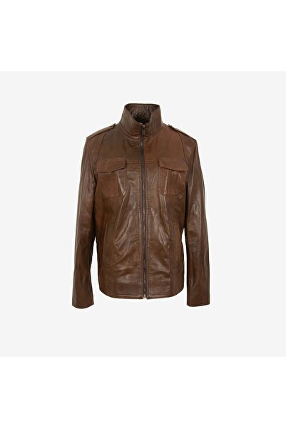 KEMAL TANCA Men's Epaulet Collar Double Pocket Genuine Leather Coat Kdk-2052