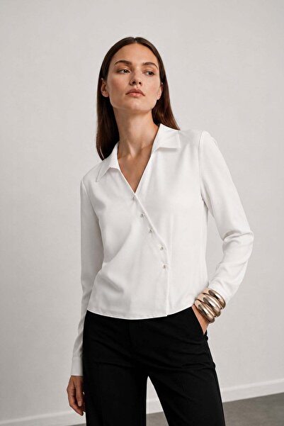 RB CLUB Ecru Button Detailed V-Neck Blouse