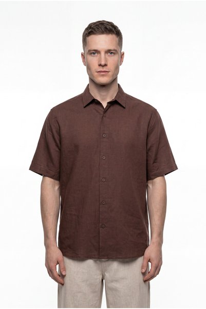 Machinist Men's Short Sleeve Oversize Linen Shirt Brown