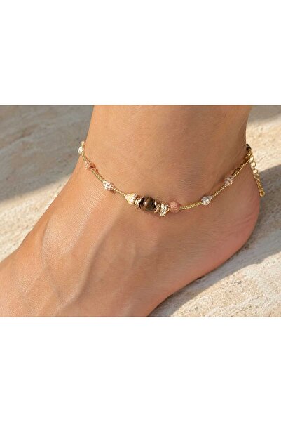 ORENDAJEWELRY Kaplan Gözü Taşlı Altın Renk Halhal Deniz Kabuğu Kum Boncuk Det...