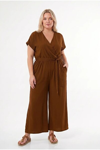 hazelin Women's Brown Plus Size V-Neck Belted Ayrobin Jumpsuit Hzl26S-Zss160001