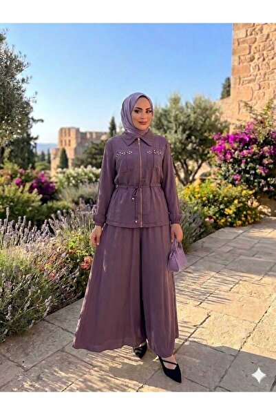 QUAWEAR Shirt Collar with Stone Detail, Top Pocket, Zippered Jacket and Elast...
