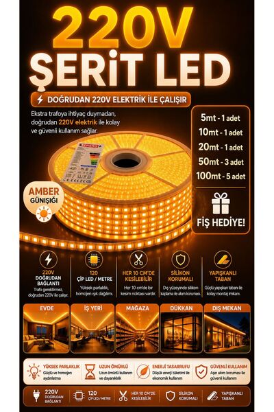 Noas 220V 120ÇİP ŞERİT LED AMBER RENK
